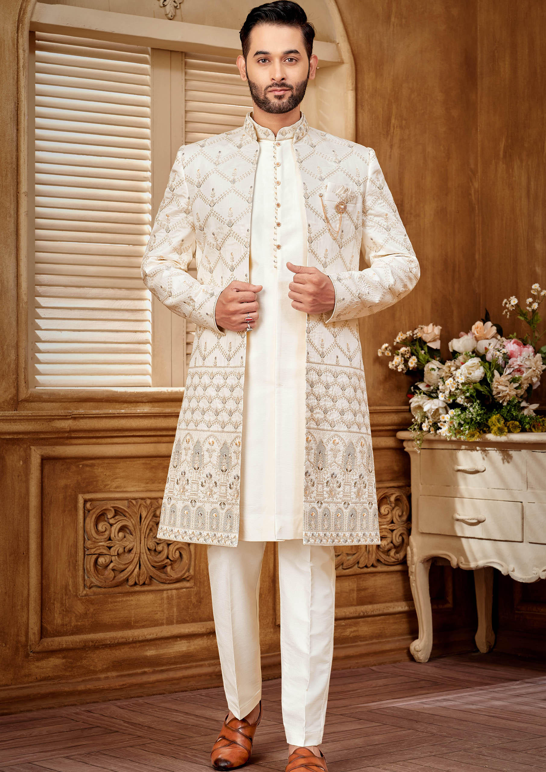 Elegant Indo-Western Men's Kurta Set with Gold Embroidery